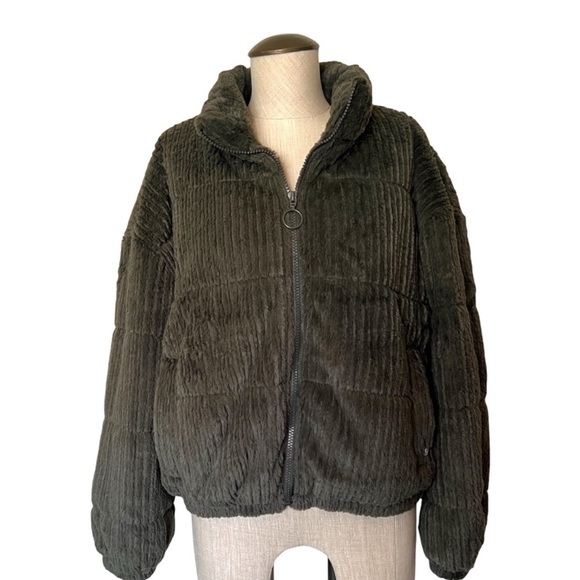 Sherpa Puffer Jacket Plush Zip Up Coat Army Green, Cozy Faux Fur Sz Small - Picture 3 of 16